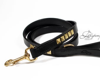 Pyramid studded dog lead Lazypony, clincher leather dog leash