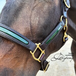 Custom leather horse halter with glossy patent details