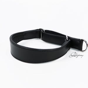 May include: A black leather collar featuring a silver-toned metal D-ring and adjustable sliding hardware. The collar has visible stitching along the edges and includes the text Jazypony printed in a cursive script near the metal hardware.
