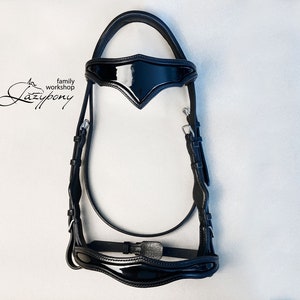 Patent leather bridle Black Knight Lazypony, baroque bridle, patent bridle, fancy headstall, medieval tack