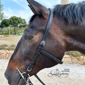 Anatomical french bridle Lazypony with reins, leather bridle, horse headstall, bridle without noseband, classic academic dressage headpiece