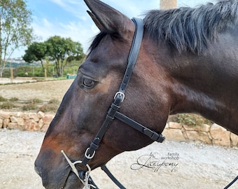 Anatomical french bridle Lazypony with reins, leather bridle, horse headstall, bridle without noseband
