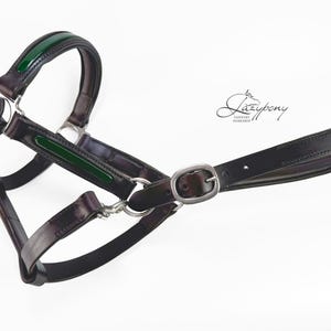 Handmade leather headcollar for horses with patent leather