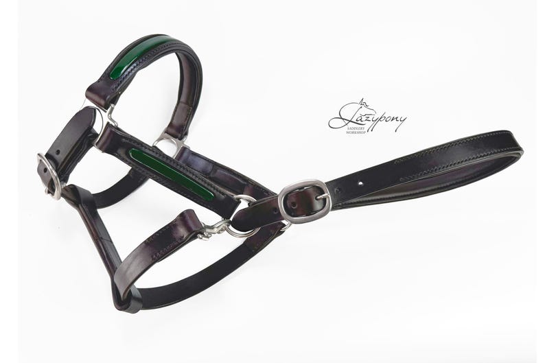 Handmade leather headcollar for horses with patent leather
