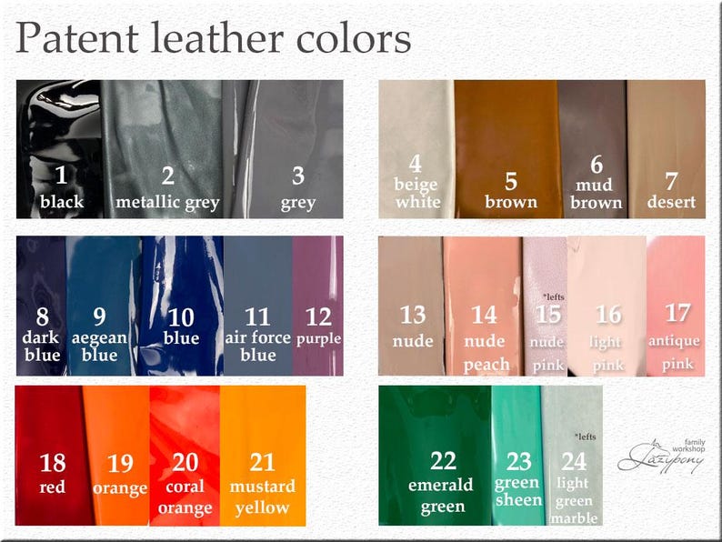 Patent leather list of colours for Made to measure leather horse halter