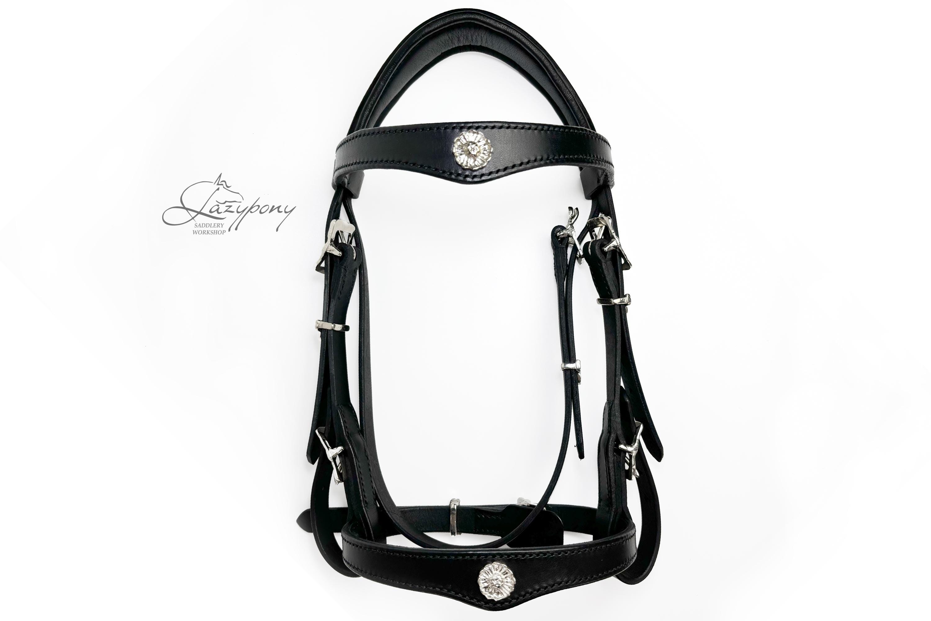 Ensemble Bride Et Embouts Western Vintage En Cuir Noir - Conchos étoiles Et Clous - Occasion