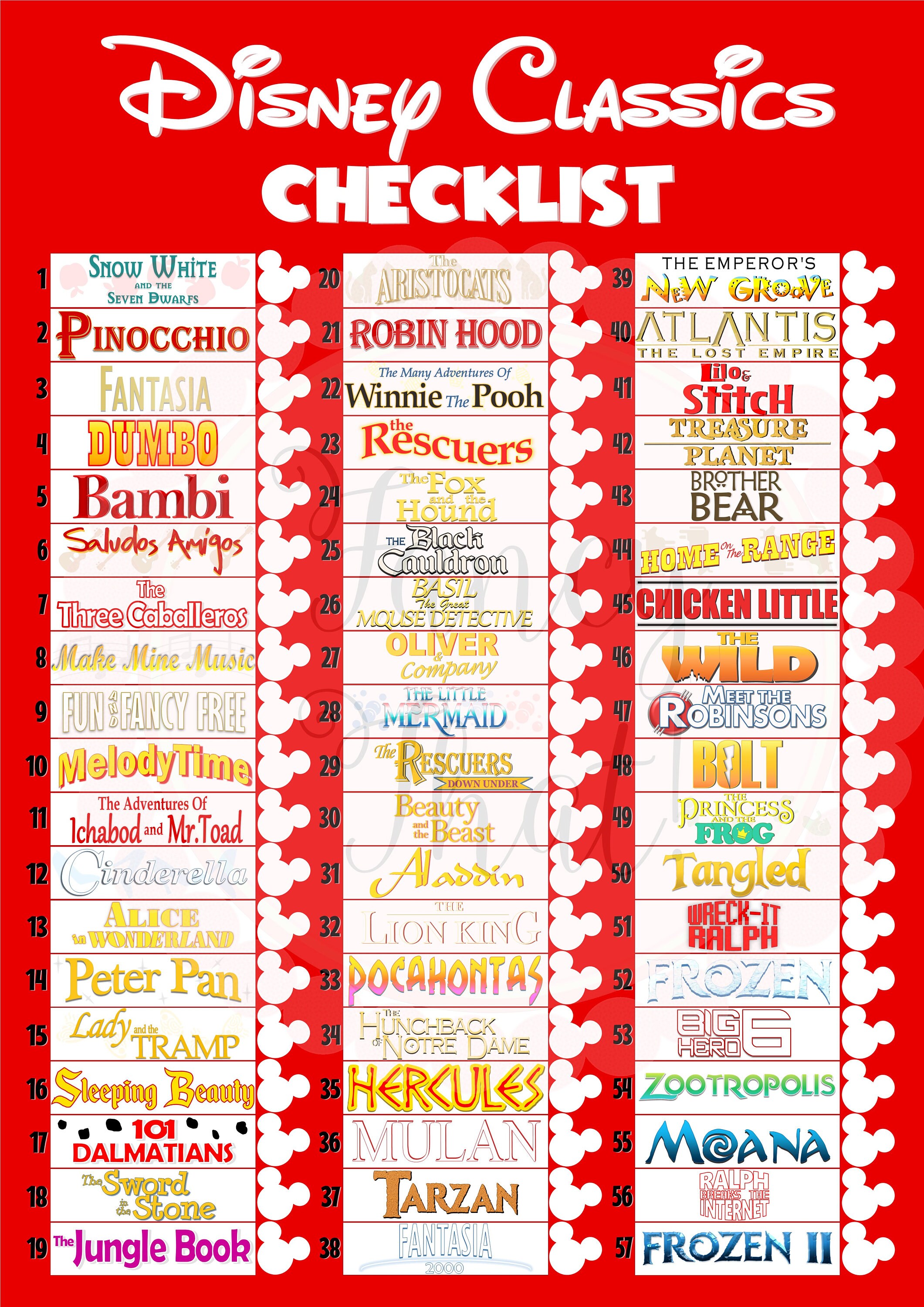 Disney Classics Film Checklist Disney Poster Disney Film Etsy