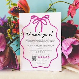Coquette Bow Business Thank You Card Canva Template, Cute Printable Thanks For Purchase, Trendy Wavy Border Package Insert QR code Postcard