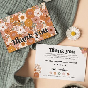 Boho Retro Thank You Card Template, Editable Business Groovy Flower ...