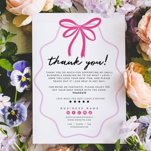 Coquette Bow Business Thank You Card Canva Template, Cute Printable Thanks For Purchase, Trendy Wavy Border Package Insert Postcard