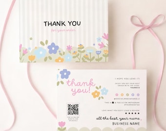 Cottagecore Floral Business Thank You Card Canva Template, Printable Whimsical Doodle Packaging Insert - Bliss
