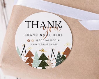 Christmas Thank You Sticker Canva Template, Business Holiday Round Packaging Box or Tissue Seal