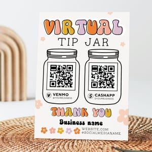 Groovy Rainbow Virtual Tip Jar QR Code Sign Canva Template, Editable Tips Accepted Sign, Venmo Cashapp Tip Jar Printable - Birdie