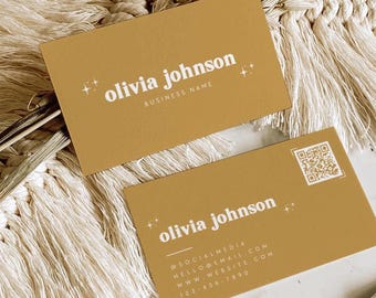 Retro Business Card Canva Template, Printable Groovy QR Code Scannable DIY Editable Branding