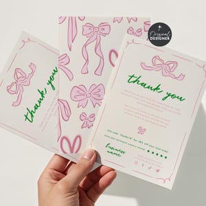 Coquette Bow Business Thank You Card Canva Template, Cute Printable Thanks For Purchase, Trendy Wavy Border Insert Postcard - CB10