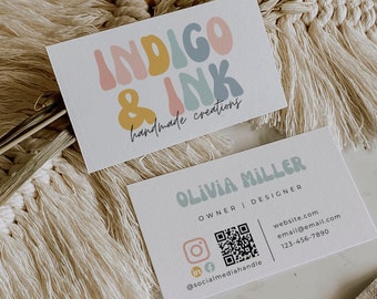 Retro Business Card Template, Rainbow Printable Business Card Design, DIY Calling Card, Business Branding, Editable Canva Template - Amy