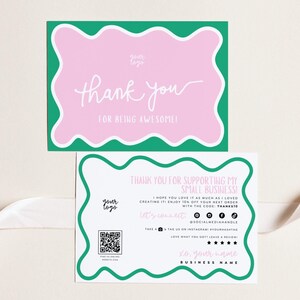 Wavy Business Thank You Card Canva Template, Cute Printable Thanks For Purchase, Wavy Border Package Insert QR code, Whimsical Squiggle