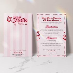 Cherry False Nails Backing Card Canva Template, Editable Artificial Nails Package Insert, Press On Instructions Application Removal CB12