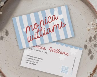 Preppy Cottagecore QR Code Business Card Canva Template, Whimsical Stripe - Margot