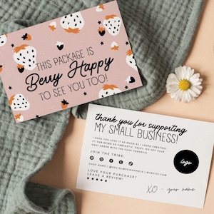 Tarjeta de agradecimiento editable de Strawberry Business, agradecimiento retro imprimible por su tarjeta de compra, tarjeta de inserción de paquete Groovy Berry, plantilla Canva