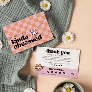 Retro Thank You Card Template, Editable Small Business 70s Groovy Thank You Card, Order Package Insert, Printable Checkered Thank You Pixie