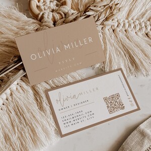Boho Business Card Template, Printable Neutral Business Card Design with QR Code, Bohemian Editable Business Card Canva Template - Cailin