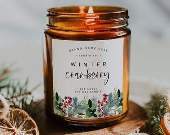 Holiday Candle Label Template Canva, Editable Watercolor Christmas Seasonal Candle Jar Branding