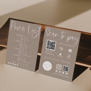 Druckbare Preisliste & Zahlungsschild, QR-Code-Schildvorlage, bearbeitbares Scan-to-Pay-Schild, Zeichen für akzeptierte Zahlungen Canva, Sofort-Download -Gwen