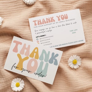 Bearbeitbare Regenbogen Small Business Dankeskarte, druckbare Retro Danke für Ihre Kaufkarte, 90er Jahre Y2k Business Order Danke, Canva - Amy