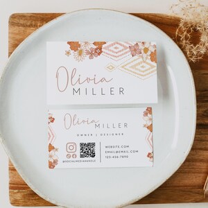 Boho Business Card Template QR Code, Floral Bohemian Printable Business Card Design, Boho Business Branding, Editable Canva Template Lila