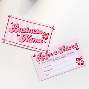 Coquette Cherry Refer A Friend Business Card Canva Template, Printable Referral Discount Coupon Card, Editable Client Referral Card Pink Bow