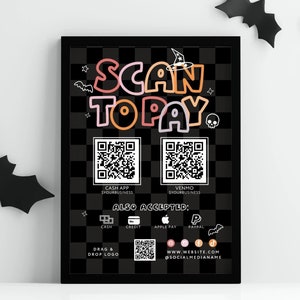 Cute Halloween Scan to Pay Sign QR Code Sign Template Canva, Editable Accepted Payments Sign, CashApp Venmo Pay Here, Spooky Pastel Sign