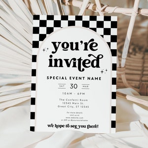 Retro Business Invitation Canva Template, Special Event Invitation, Digital You're Invited, Groovy Invite Template, Checkered Invite - Dani