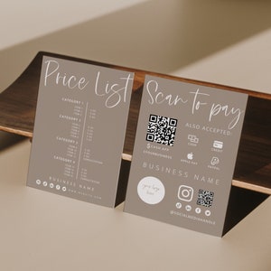 Printable Price List & Payment Sign, QR Code Sign Template, Editable Scan to Pay Sign, Accepted Payments Sign Canva, Instant Download -Gwen