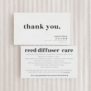 May include: Two rectangular white cards with black text. The top card reads thank you and includes social media icons. The bottom card is titled reed diffuser care and lists instructions for use, including a discount code and five star symbols.