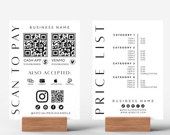 Printable Modern Price List & Payment Sign, QR Code Sign Template, Editable Scan to Pay Sign, Accepted Payments Sign Canva, Instant Download