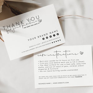 Minimal Candle Care Card Template, Candle Instructions Card, Editable Thank You Card, Candle Business Package Insert Card Template - Stella