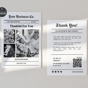 Unique Newspaper Thank You Card Canva Template QR Code, Trendy Modern Editable Package Insert Postcard, Thanks For Purchase Card Template