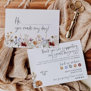 Boho Business Thank You Card Template, Wildflower Editable Thanks For Your Purchase, Customer Personalized Insert Card Canva Template - Gwen
