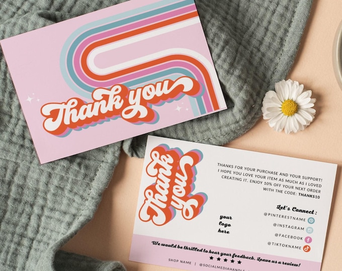 Retro Thank You Card Template Canva, Editable Small Business 70s Groovy ...