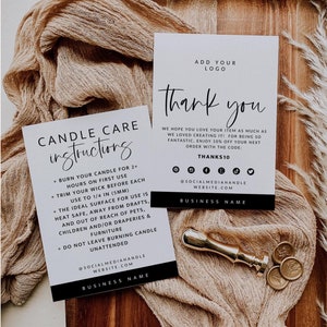 Minimal Candle Care Card Template, Editable Business Thank You Template, Printable Candle Instructions Card, Add Logo Canva Template - Gwen