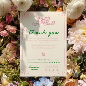 Coquette Bow Business Thank You Card Canva Template, Cute Printable Thanks For Purchase, Trendy Wavy Border Insert Postcard - CB10