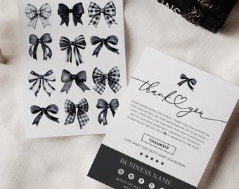 Coquette Black Bows Halloween Business Thank You Card Canva Template, Editable Goth Package Insert