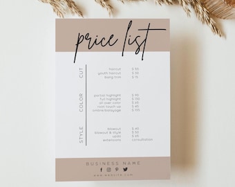 DIY Printable Price List Canva Template, Editable Price Sheet, Salon Menu, INSTANT DOWNLOAD - Mae