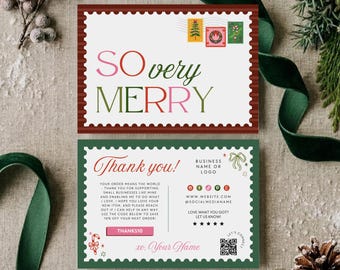 Vintage Postcard Christmas Business Thank You Canva Template, Holiday Printable Rainbow Package Insert Card