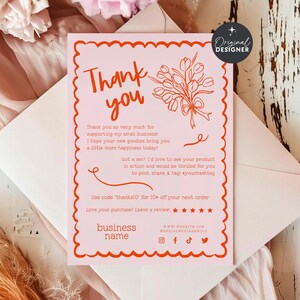 Coquette Floral Bow Business Thank You Card Canva Template, Cute Printable Thanks For Purchase, Trendy Wavy Border Insert Postcard Cielo