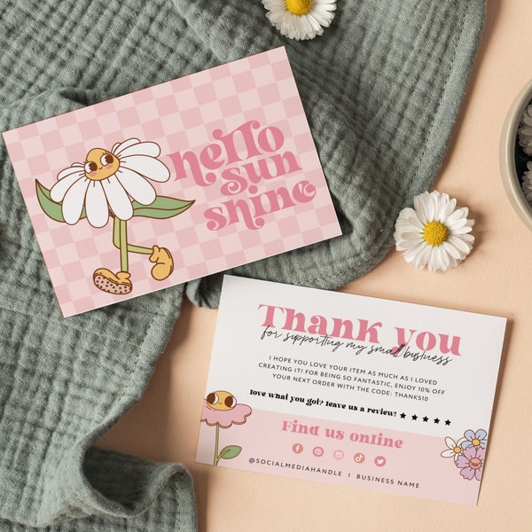 Retro Thank You Card Canva Template, Editable Business Thank You Card, Hippie Daisy Package Insert Card, Customizable Groovy Thank You - Ace