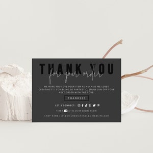Cartão de agradecimento comercial EDITÁVEL, modelo de cartão de agradecimento de luxo preto, cartão de inserção de pacote para pequenas empresas, cartão elegante modelo DIY Canva