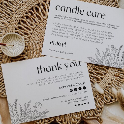 Candle Care Card Template Floral Business Thank You Card Etsy