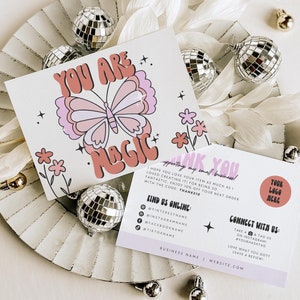 Retro You Are Magic Butterfly Business Thank You Card Canva Template, Groovy Editable Thank You Card, Spring Summer Package Insert Card